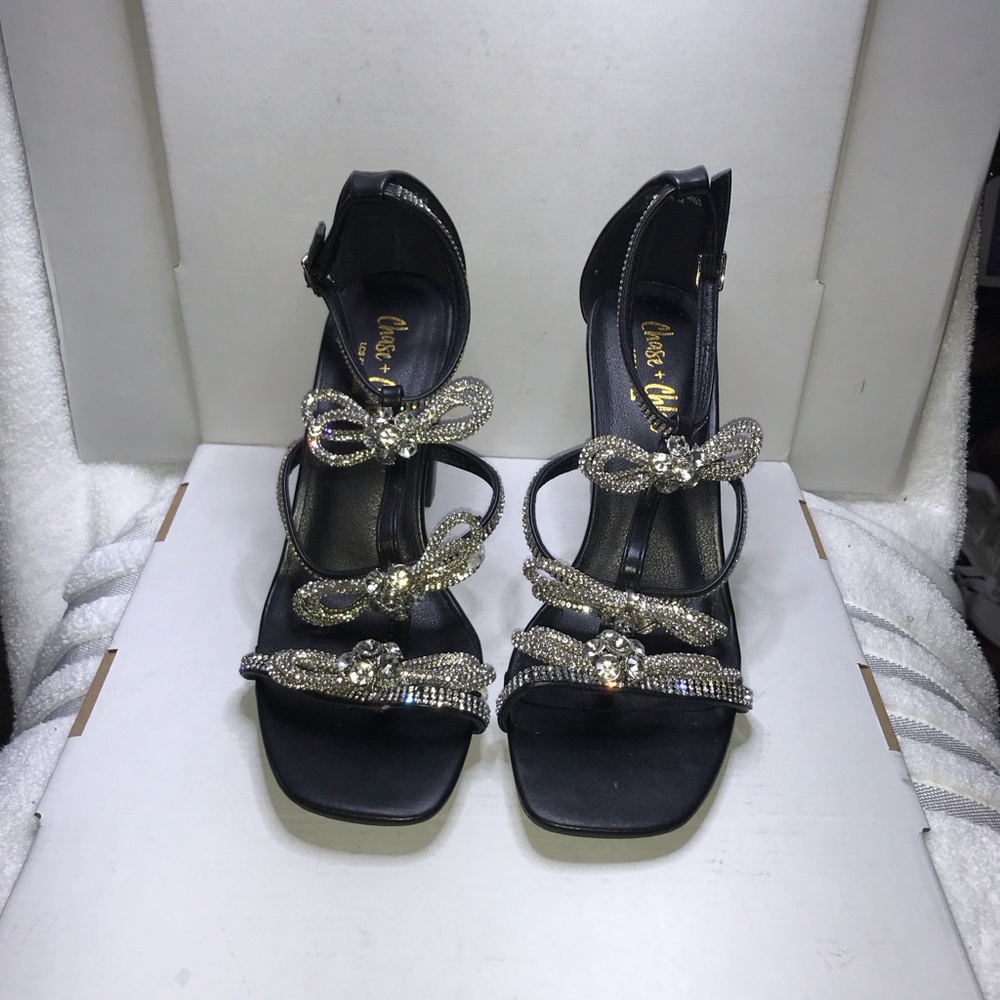 Chase + Chloe Black Rhinestone Bow Strappy Heels